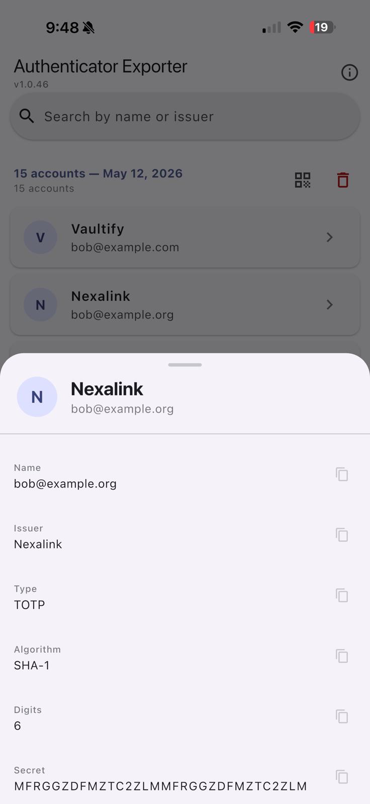 Account detail sheet for Nexalink showing all fields: Name, Issuer, Type, Algorithm, Digits, Secret