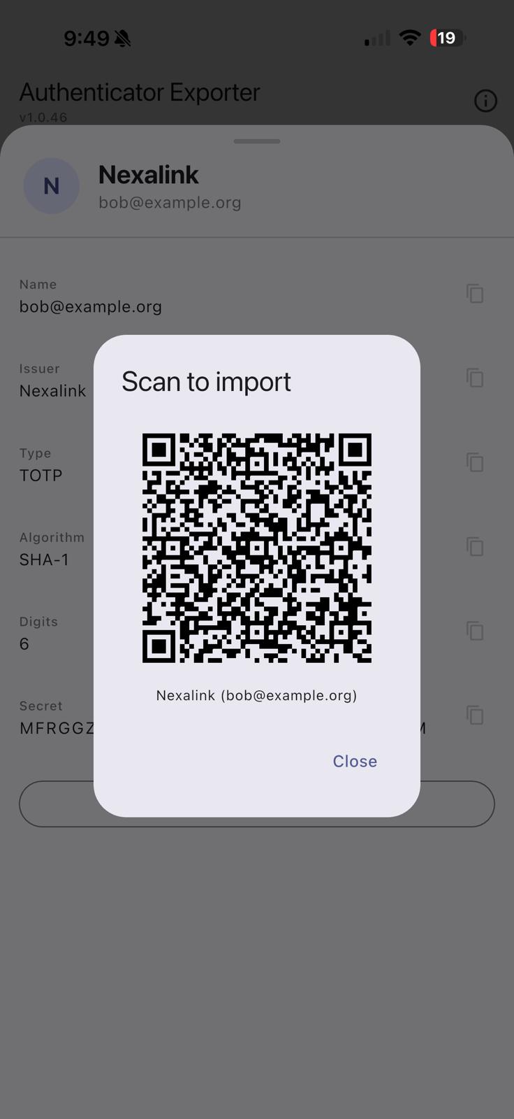 Modal dialog showing a QR code labelled "Scan to import" for the Nexalink account