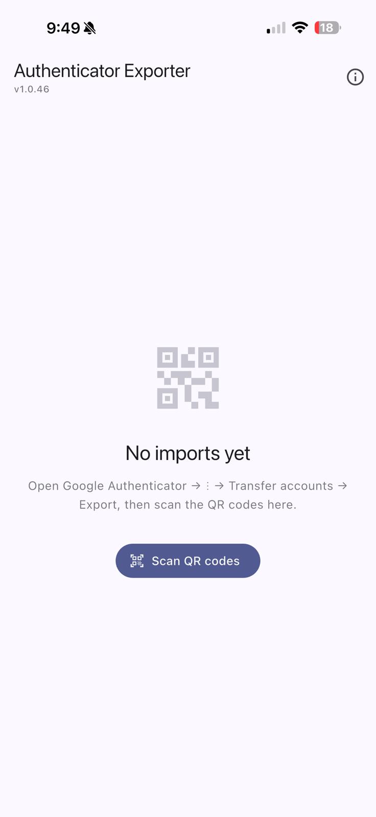 Home screen with no accounts yet — shows "No imports yet" prompt and a Scan QR codes button