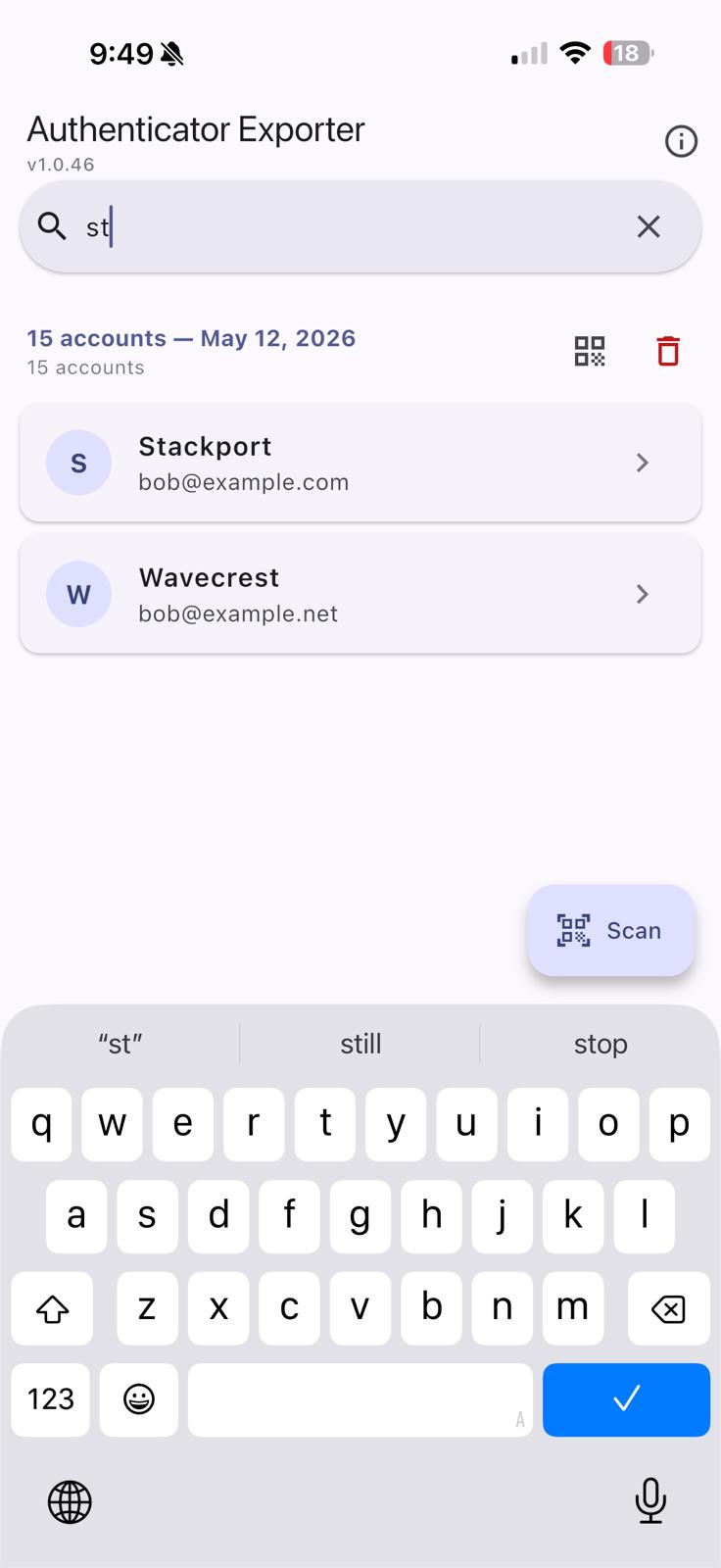 Home screen with search query "st" showing two filtered results: Stackport and Wavecrest