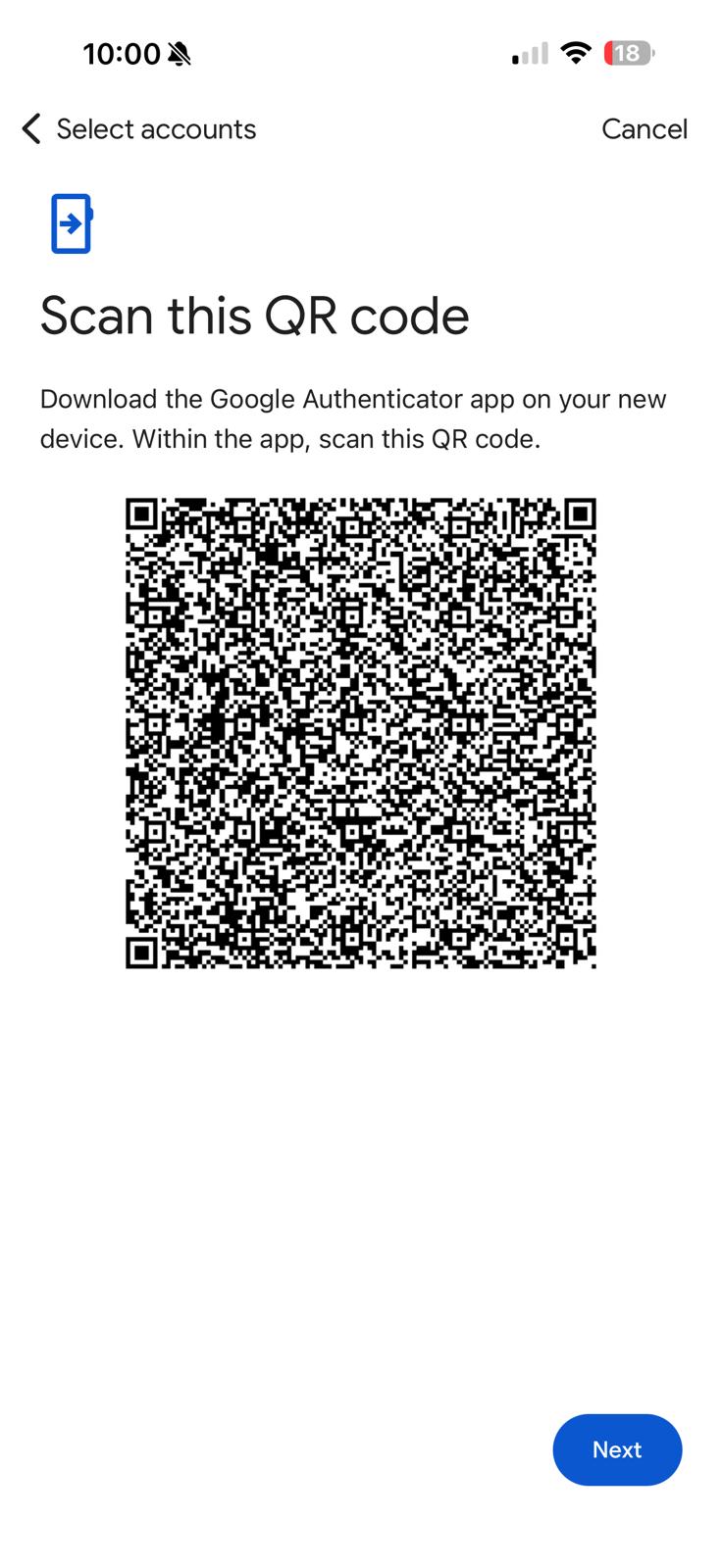 Google Authenticator showing a Scan this QR code export screen
