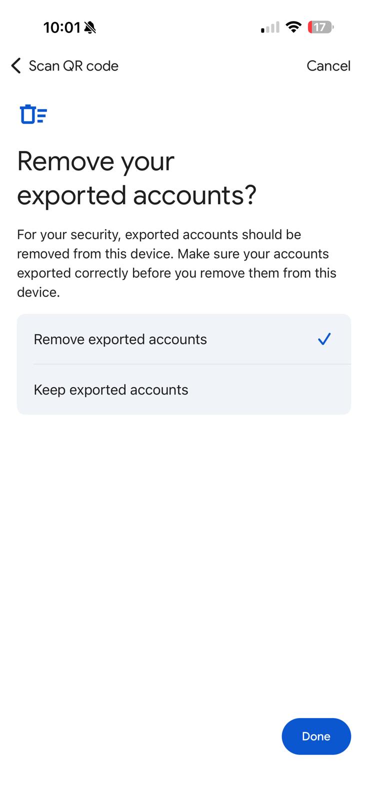 Google Authenticator Remove your exported accounts dialog — Remove exported accounts selected