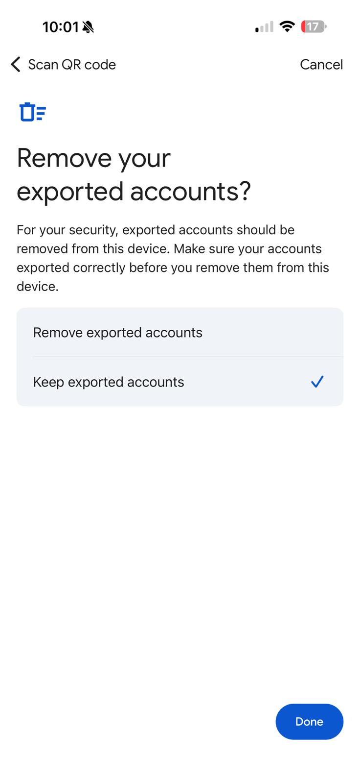 Google Authenticator Remove your exported accounts dialog — Keep exported accounts selected